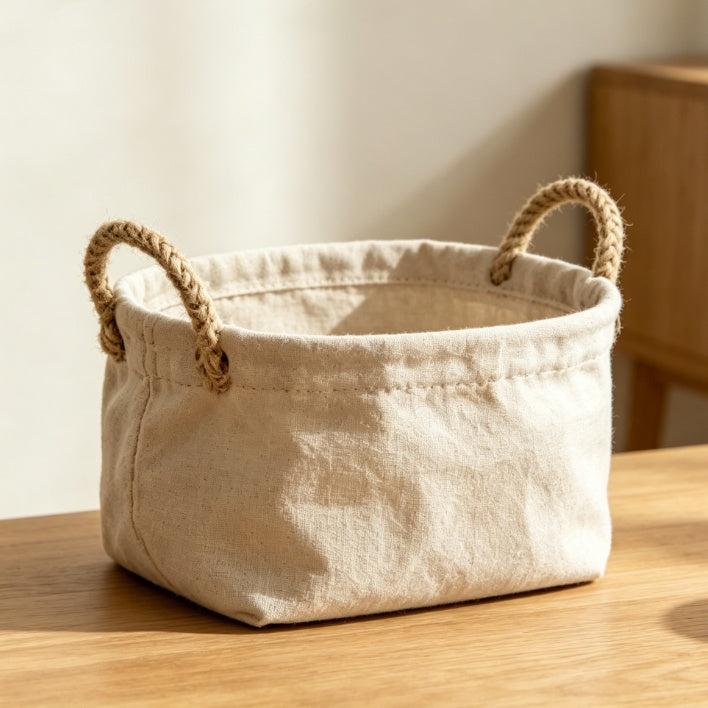 Handcrafted Linen Storage Basket with Jute Rope Handles
